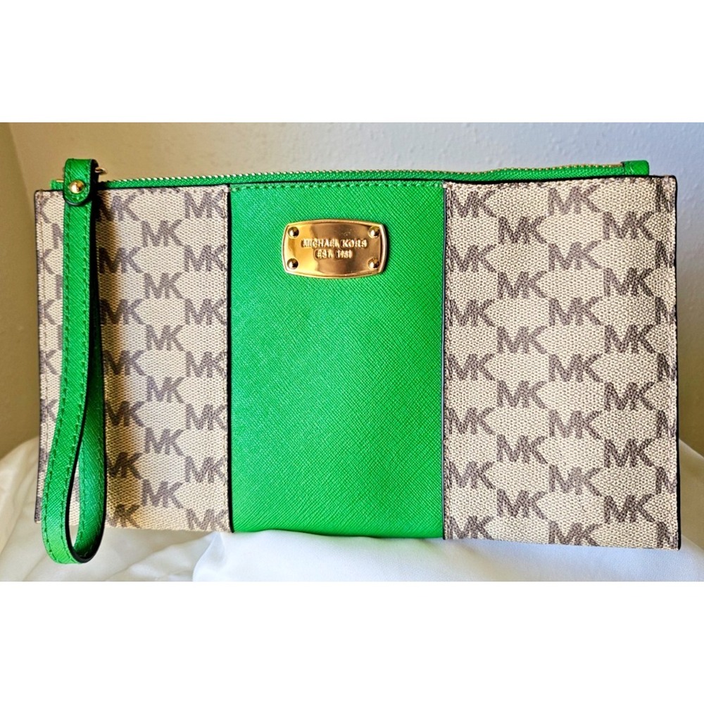Michael Kors Jet Set LARGE Wristlet/Clutch Green with Beige MK Monogram, 10x5.5"